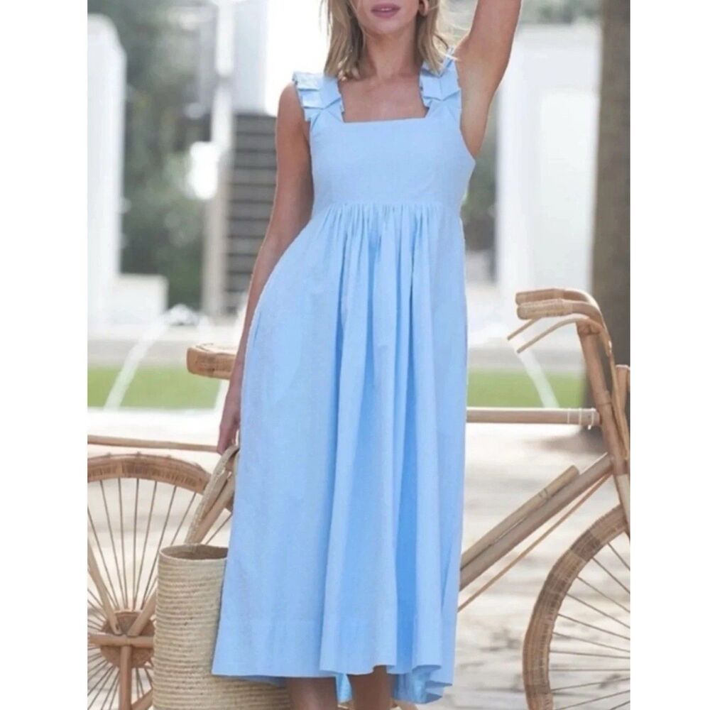 Lake Lolly Midi Dress Morning Blue Ruffled Straps Pockets Smocked Coastal Chic